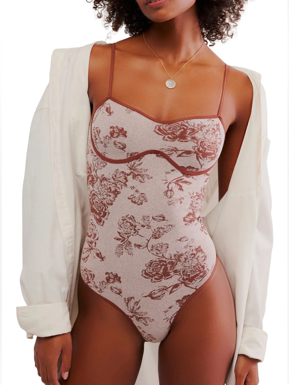 Intimately Free People Caught Your Eye Seamless Bodysuit Brown Floral Rose XS/S